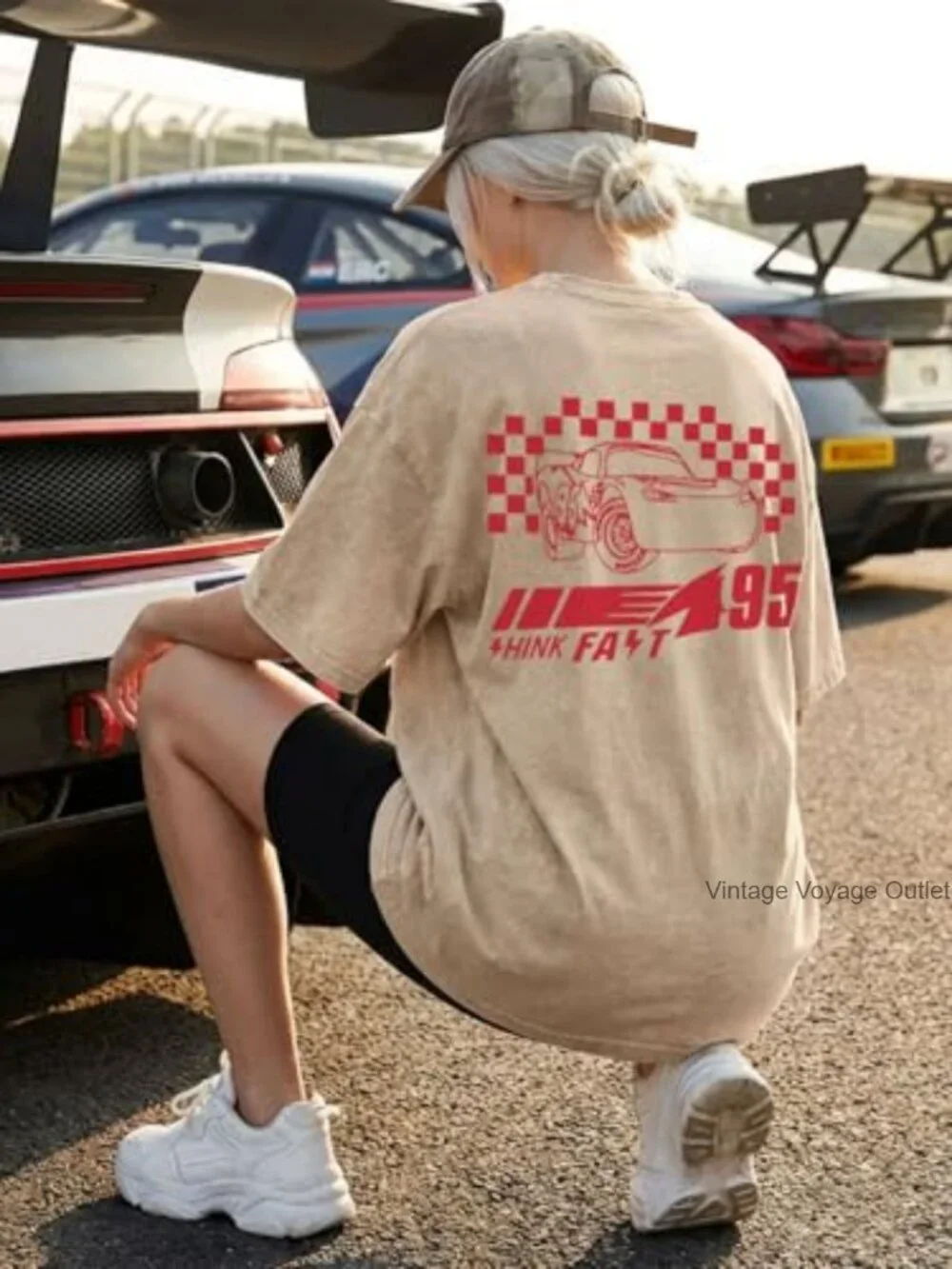Oversized Car Racer Graphic Tee for Men Women, Acid Washed Vintage T-Shirt,